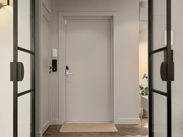 A long hallway with a glass door leading to another room